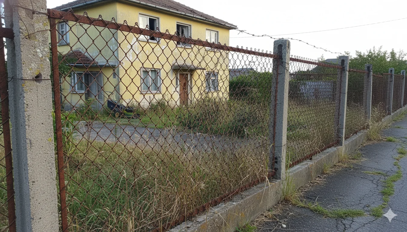 Old deteriorating rusty chain-link fence on residential property showing wear and dated appearance